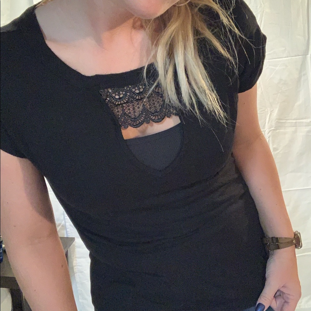 Black Lace detail V neck Top